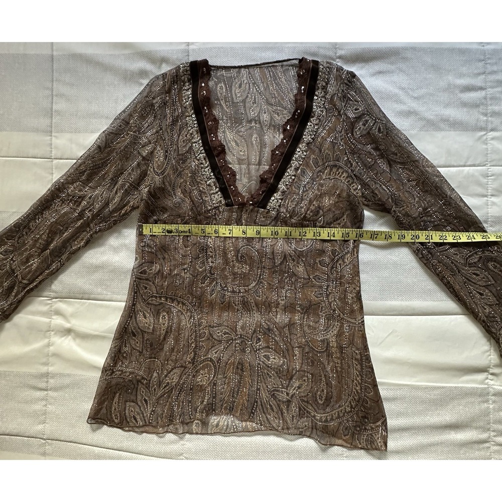 Y2K Bohemian Sheer Blouse Metallic Thread Deep V Velvet Ribbon Trim Sequins READ - Picture 6 of 12